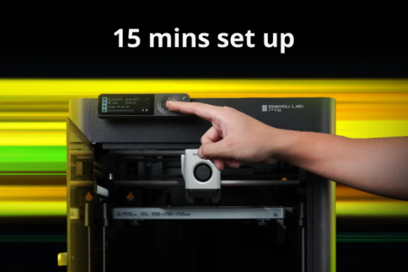 Image of a person pushing the buttons of P1S Unit with text: “15 minutes set up”